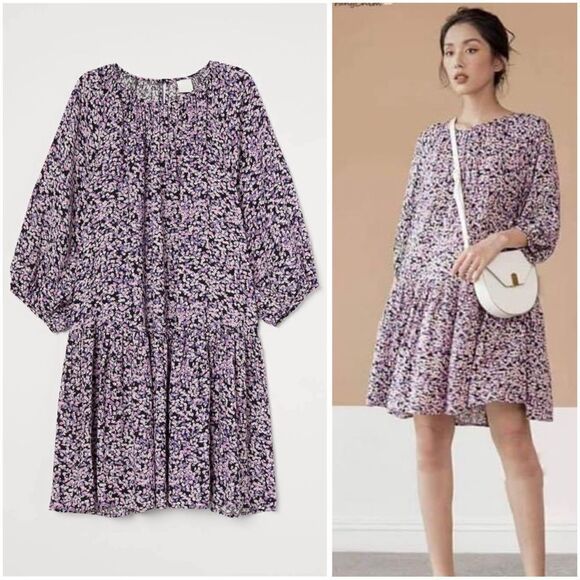 H&M Balloon-Sleeved Floral Print Dress New - Picture 2 of 7